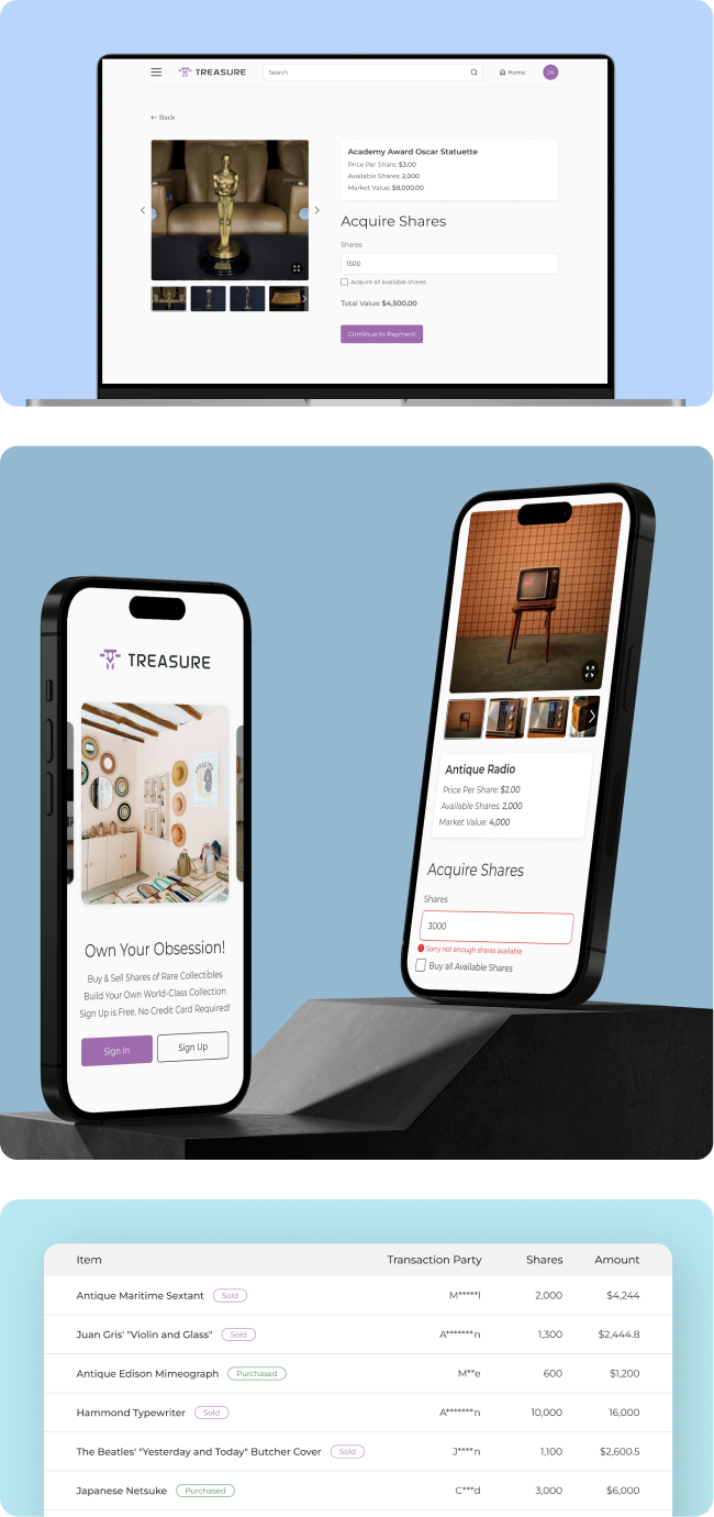 Treasure mobile app screens showing the collectible fractional ownership experience